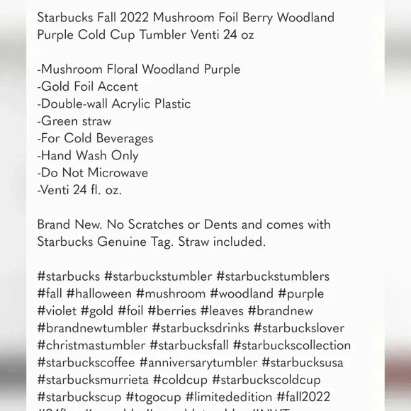 Starbucks 2022 Mushroom Foil Berry Woodland Purple Cold Cup Tumbler Vent… - Picture 4 of 5